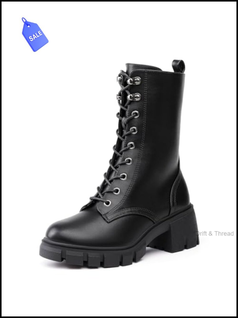 Women's PU Combat Platform Boots Chunky Lace Up Mid-Calf